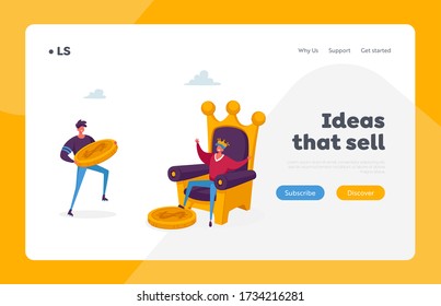 Hype, Viral Info in Social Network Landing Page Template. Trends in Advertising, News and Public Relations. Male Character Give Gold Coin to King Sitting on Throne. Cartoon People Vector Illustration