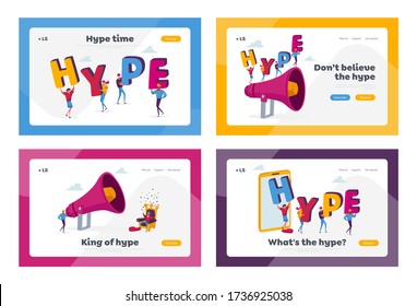 Hype, Viral Internet Content Landing Page Template Set. Tiny Characters Hold Huge Letters Making Word Hype. Fake Information and Ideas, Shock News in Social Media. Cartoon People Vector Illustration