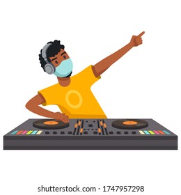 Hyped DJ is playing music with his hand up, wearing a face mask, COVID 19