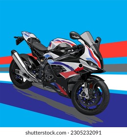 Hyper big bike superbike motorcycle  with a blue, red and white design vector. The bike is parked on a blue background. This image suitable for racing, motorcycle, riding and touring content.  