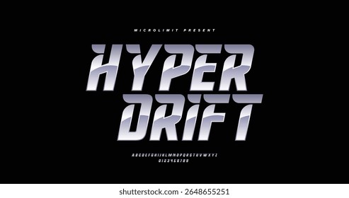 Hyper Drift: Uma fonte de esporte em itálico dinâmico com toque urbano moderno. As letras inclinadas e o estilo de platina o tornam perfeito para temas de corrida, marcas de esportes eletrônicos e exibições de números atléticos.