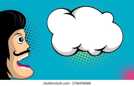 Hyper expressive reaction cartoon ethnic man face, big eyes and wide open mouth. Comic bubble. Pop art retro comic book vector illustration