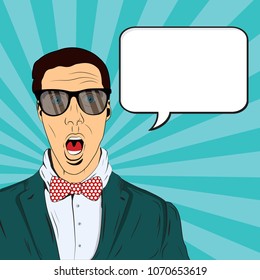 Hyper expressive reaction cartoon man face, big eyes and wide open mouth. Comic bubble. Pop art retro comic book vector illustration