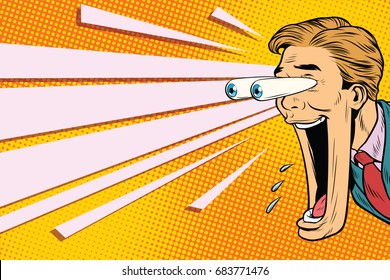 Hyper Expressive Reaction Cartoon Man Face, Big Eyes And Wide Open Mouth. A Man Looks At Something. Pop Art Retro Comic Book Vector Illustration