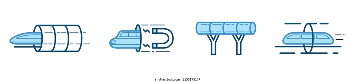 Hyper loop train icon set, magnetic speed tube concept, futuristic transport subway vector icons, high speed vehicle emblems, symbols isolated on white background.