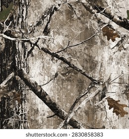 Hyper realistic camouflage seamless pattern with high contrast distressed timber tree trunk diagonal branches and weathered bark background for hunting gear