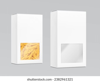 Hyper realistic cardboard box mockup. Half side view. Vector illustration isolated on grey background. Sample with food design. Easy to place your design. EPS10.