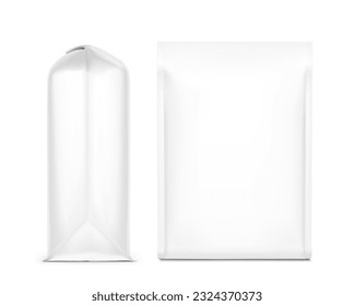 Hyper realistic gusseted flat bottom bag mockup. Front and side view. Vector illustration isolated on white background. Can be use for template your design, presentation, promo, ad. EPS10.