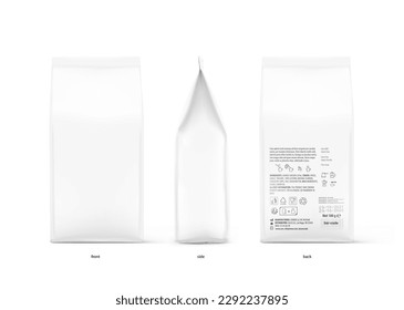 Hyper realistic gusseted packaging bag mockup. Front, side and back views. Vector illustration isolated on white background. Ready for use in presentation, promo, advertising on any backgrounds. 