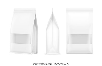 Hyper realistic gusseted packaging bag mockup. Three side view. Vector illustration isolated on white background. Ready for use in presentation, promo, advertising on any backgrounds. EPS10.