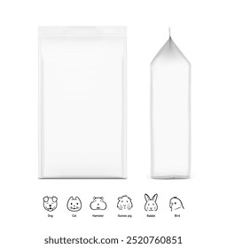 Hyper realistic gusseted packaging bag mockup for pet feed . Front and side view. Vector illustration isolated on white background. Ready for use in presentation, promo, advertising. EPS10.	