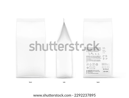 Hyper realistic gusseted packaging bag mockup. Front, side and back views. Vector illustration isolated on white background. Ready for use in presentation, promo, advertising on any backgrounds. 