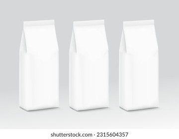 Hyper realistic gusseted vertical bag mockup. Front view. Vector illustration. Can be use for template your design, presentation, promo, ad. EPS10.