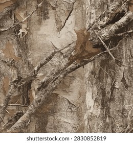 Hyper realistic high contrast camouflage seamless pattern with bleached white diagonal branches and shadow bark for hunting gear
