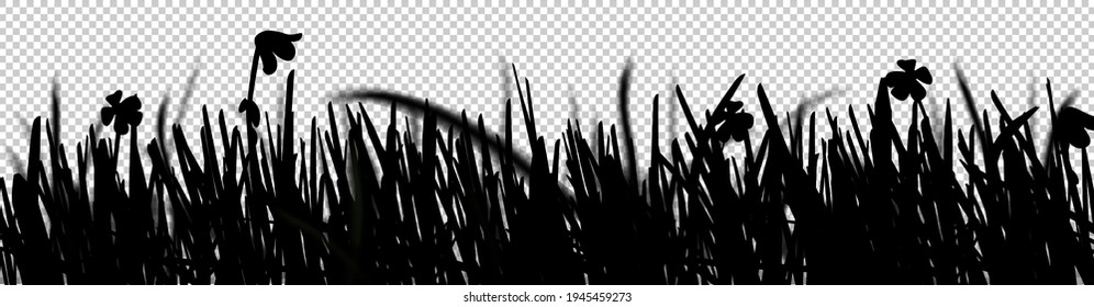 Hyper realistic isolated macro zoom vector field grass silhouette with flowers. Can be used on flyers banners or web. 3d green grass land summer style. Vector illustration. EPS 10.