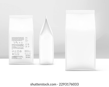 Hyper realistic packaging bag mockup. Front, side and back views. Vector illustration isolated on white background. Ready for use in presentation, promo, advertising on any backgrounds. 