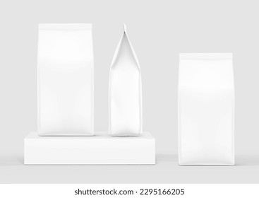Hyper realistic packaging bag mockup. Front, side and back views. Vector illustration. Ready for use in presentation, promo, advertising on any backgrounds. 