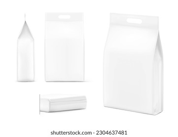 Hyper realistic vertical bag mockup. Three side view. Vector illustration isolated on white background. Can be use for template your design, presentation, promo, ad. EPS10.