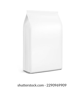 Hyper realistic vertical gusseted flat bottom bag mockup. Half side view. Vector illustration isolated on white background. Can be use for template your design, presentation, promo, ad. EPS10.