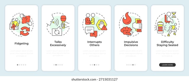 Hyperactive adhd onboarding mobile app screen. Communication skills. Walkthrough 5 steps editable graphic instructions with linear concepts. UI, UX, GUI