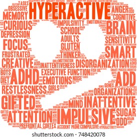 Hyperactive ADHD word cloud on a white background. 