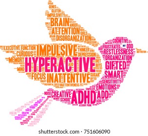 Hyperactive ADHD word cloud on a white background. 