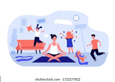 Hyperactive adorable children and pet making chaos in room. Calm mother keeping zen gesture and meditating. Vector illustration for mischievous kids, quarantine, motherhood concept