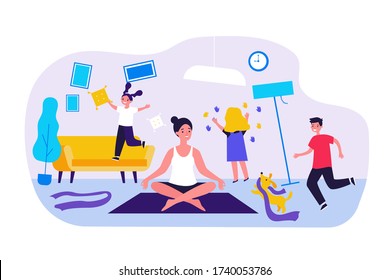 Hyperactive adorable children and pet making chaos in room. Calm mother keeping zen gesture and meditating. Vector illustration for mischievous kids, quarantine, motherhood concept