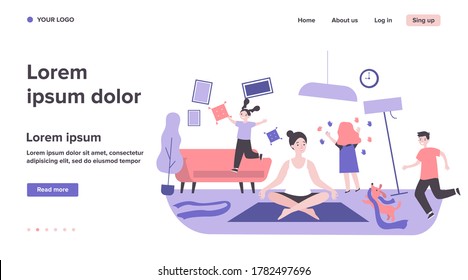 Hyperactive adorable children and pet making chaos in room. Calm mother keeping zen gesture and meditating. Vector illustration for mischievous kids, quarantine, motherhood concept