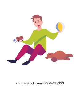Hyperactive child with ADHD Attention Deficit Hyperactivity Disorder destroys his toys, flat vector illustration isolated on white background. Hyperactivity and ADHD.