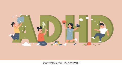 Hyperactive child concept with adhd text symbols flat vector illustration