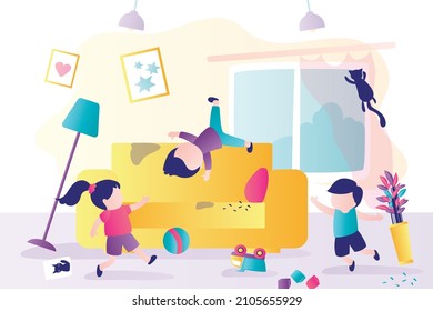Hyperactive children run and play in living room. Naughty kids made mess in room while playing. Hyperactivity problem concept. Siblings having fun in disarray. Childhood. Flat vector illustration