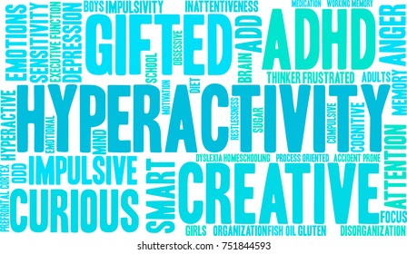 Hyperactivity ADHD word cloud on a white background. 