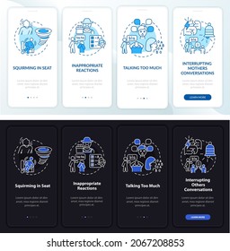 Hyperactivity signs onboarding mobile app page screen. Squirm in seat walkthrough 4 steps graphic instructions with concepts. UI, UX, GUI vector template with linear night and day mode illustrations