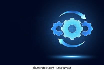 Hyperautomation futuristic blue gear transmission digital transformation abstract technology background. Artificial intelligence and big data concept. Business growth computer investment industry 4.0