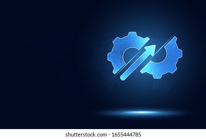 Hyperautomation futuristic blue gear transmission with arrow up. Digital transformation abstract technology background. Artificial intelligence and big data concept. Business growth industry 4.0