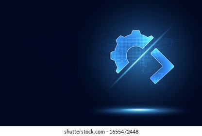 Hyperautomation futuristic blue gear transmission with greater than mark. Digital transformation abstract technology background. Artificial intelligence big data concept. Business growth industry 4.0
