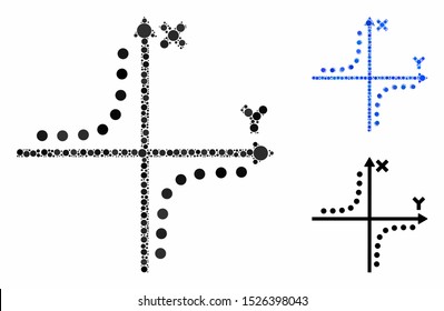 Hyperbola plot mosaic for hyperbola plot icon of round dots in various sizes and shades. Vector round dots are grouped into blue mosaic. Dotted hyperbola plot icon in usual and blue versions.