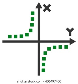 Hyperbola Plot vector toolbar icon. Style is bicolor flat icon symbol, green and gray colors, white background, square dots.