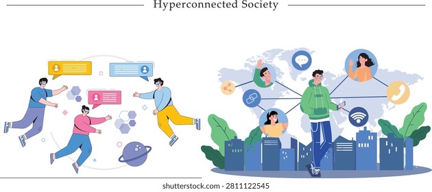 Hyperconnected society concept vector illustration with people networking globally. Digital communication scene with characters chatting in virtual space, and man connected to world map social profiles via internet networks
