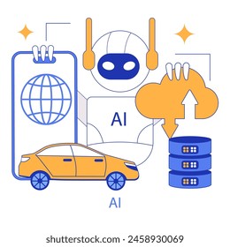 Hyperconnectivity concept. Integration of AI in global networking, autonomous vehicles, cloud computing. Data management in digital era. Vector illustration.