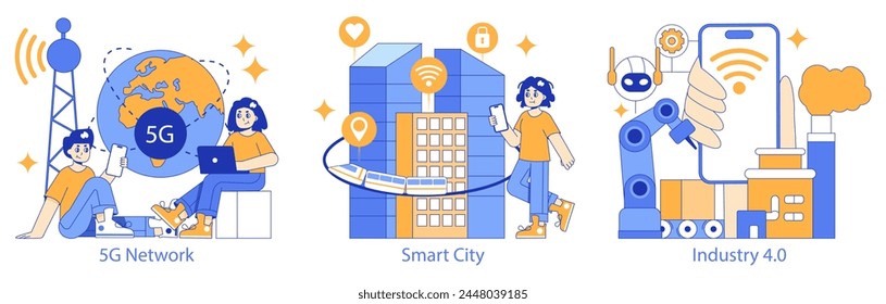 Hyperconnectivity set. Showcasing 5G network implementation, smart city living, and automated industry 4.0. Next-gen communication, urban tech integration, robotic manufacturing. Vector illustration.