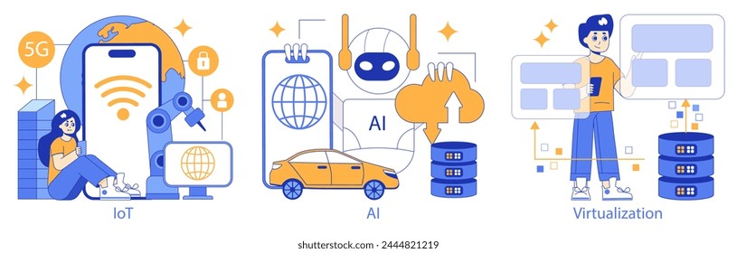 Hyperconnectivity set. Showcasing IoT, AI advancements, and virtualization technology. Seamless connectivity in the digital age. Vector illustration