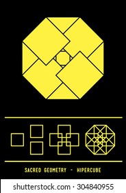 Hypercube. Sacred symbol. Alchemy. Geometry. Black and yellow. Stock vector.