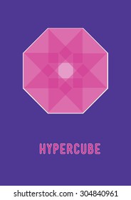 Hypercube. Sacred symbol. Alchemy geometry. Magenta and violet background. Stock vector.