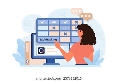 Hyperfocus. Focus and concentration skill. Self-discipline and time management. Avoiding multitasking for performance efficiency. Flat vector illustration