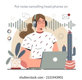 Hyperfocus idea, how to become more efficient. Put noise-cancelling head phones on. Intense form of mental concentration or visualization that focuses consciousness on a task. Flat vector illustration