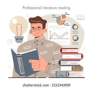 Hyperfocus idea, how to become more efficient. Professional literature reading. Intense form of mental concentration or visualization that focuses consciousness on a task. Flat vector illustration