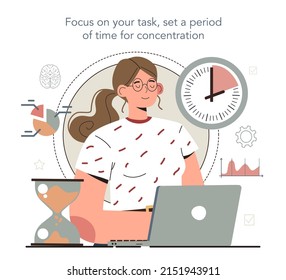 Hyperfocus Idea, How To Become More Efficient. Focus On Your Task, Set A Period Of Time For Concentration. Intense Form Of Mental Concentration. Flat Vector Illustration