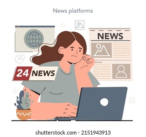 Hyperfocus idea, how to become more efficient. Attractive but not efficient activity, procrastination in a workplace. News platform monitoring. Flat ector illustration